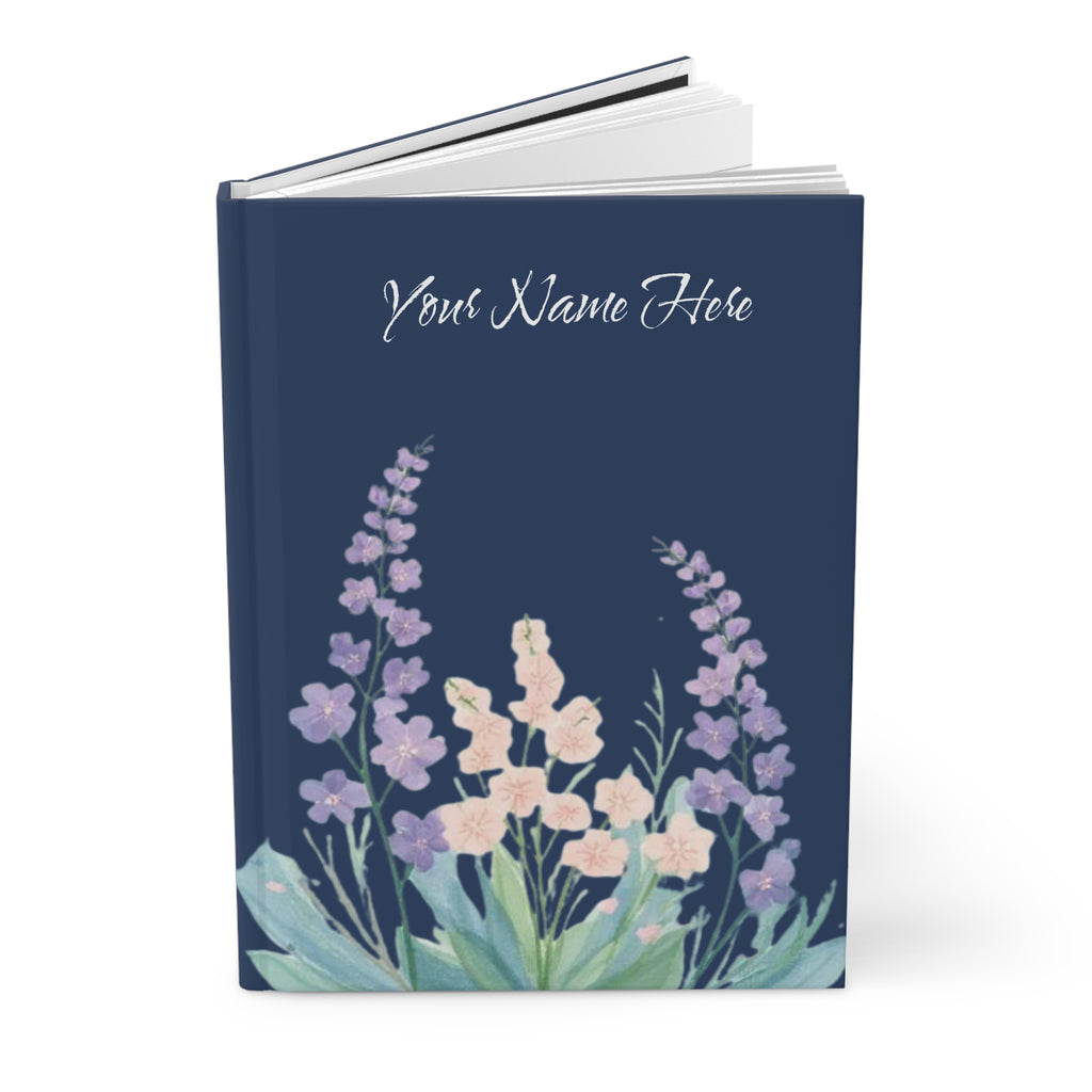 Personalized Floral Hardcover Journal — Navy Watercolor Flowers, "Your Name Here"
