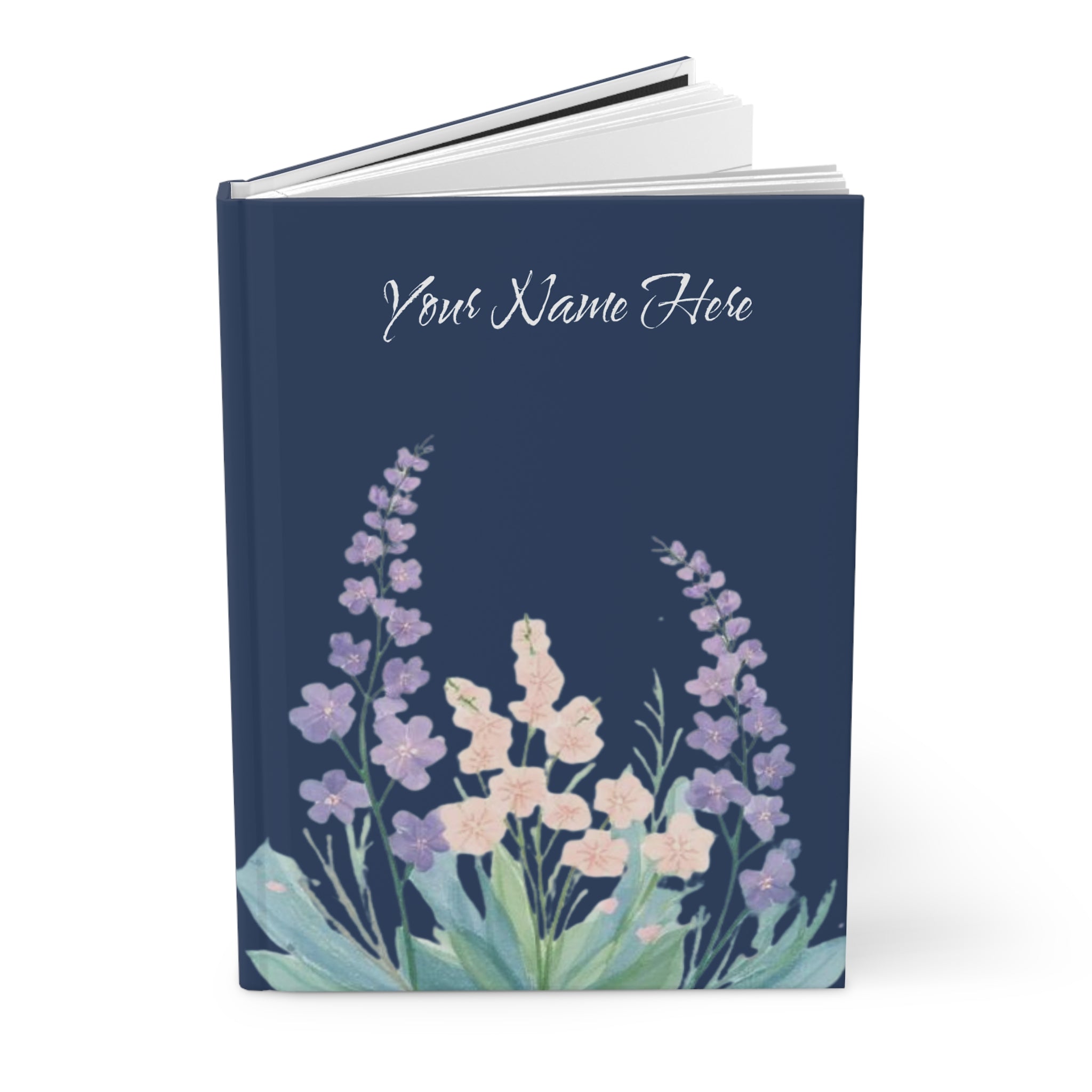 Personalized Floral Hardcover Journal — Navy Watercolor Flowers, "Your Name Here"
